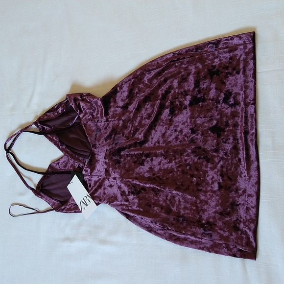 Zara Wine Velvet Mini Dress Spaghetti Halter Straps Wrap Twisted Upper Sz Xsmall - Picture 14 of 16